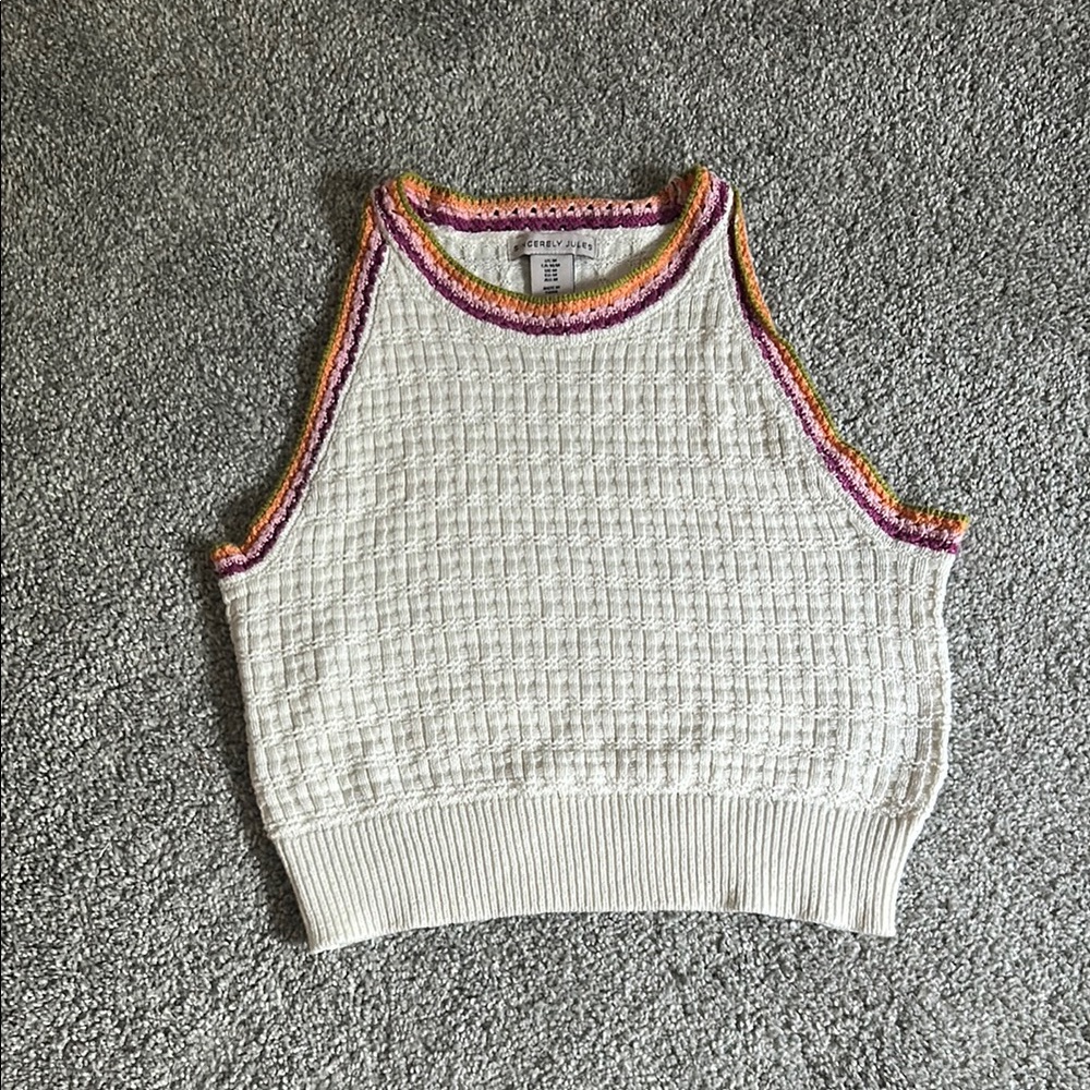 Sincerely Jules Cream Ribbed Crop Tank Top with Multicolored Accents